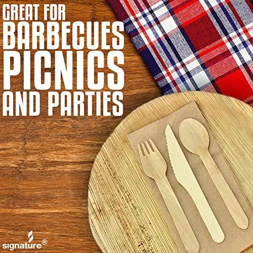 Disposable Palm Leaf Plates and Wooden Cutlery Set - 150 Pieces - 25 Palm Round Plates (10"), 25 Round Palm Plates (7"), 25 Wooden Forks, 25 Wooden Knives, 25 Wooden Spoons, and 25 Dinner Napkins
