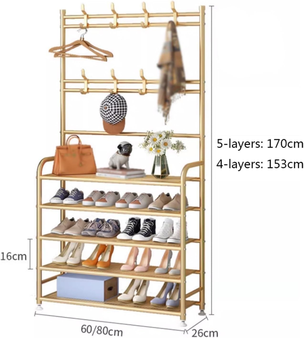 Shoe Storage Shelf 5-Tier Entryway Coat and Shoe Rack, Modern Coat Rack, Lightweight Metal Shoe Rack Organizer with Double Row Hooks for Bedroom Hallway Office(Color:Gold,Size:5-Layers 60cm) (Gold 5)