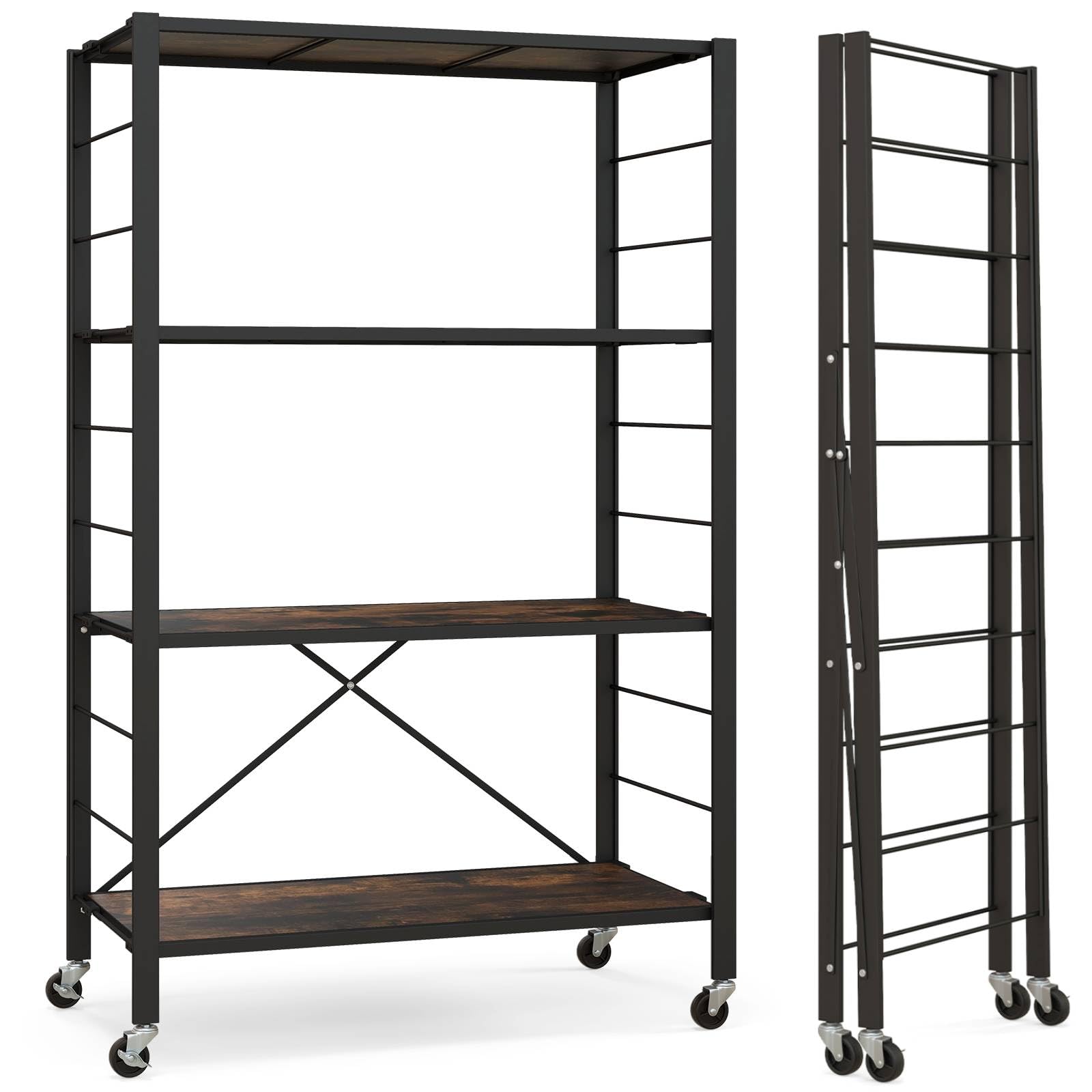 COSTWAY 3/4/5 Tiers Foldable Shelving Unit, Standing Storage Cart Shelves with Adjustable Shelf & Detachable Wheels, Metal Shelving Rack Organizer for Home Garage (MDF 4 Tier Shelf, Black+Brown) — image 1