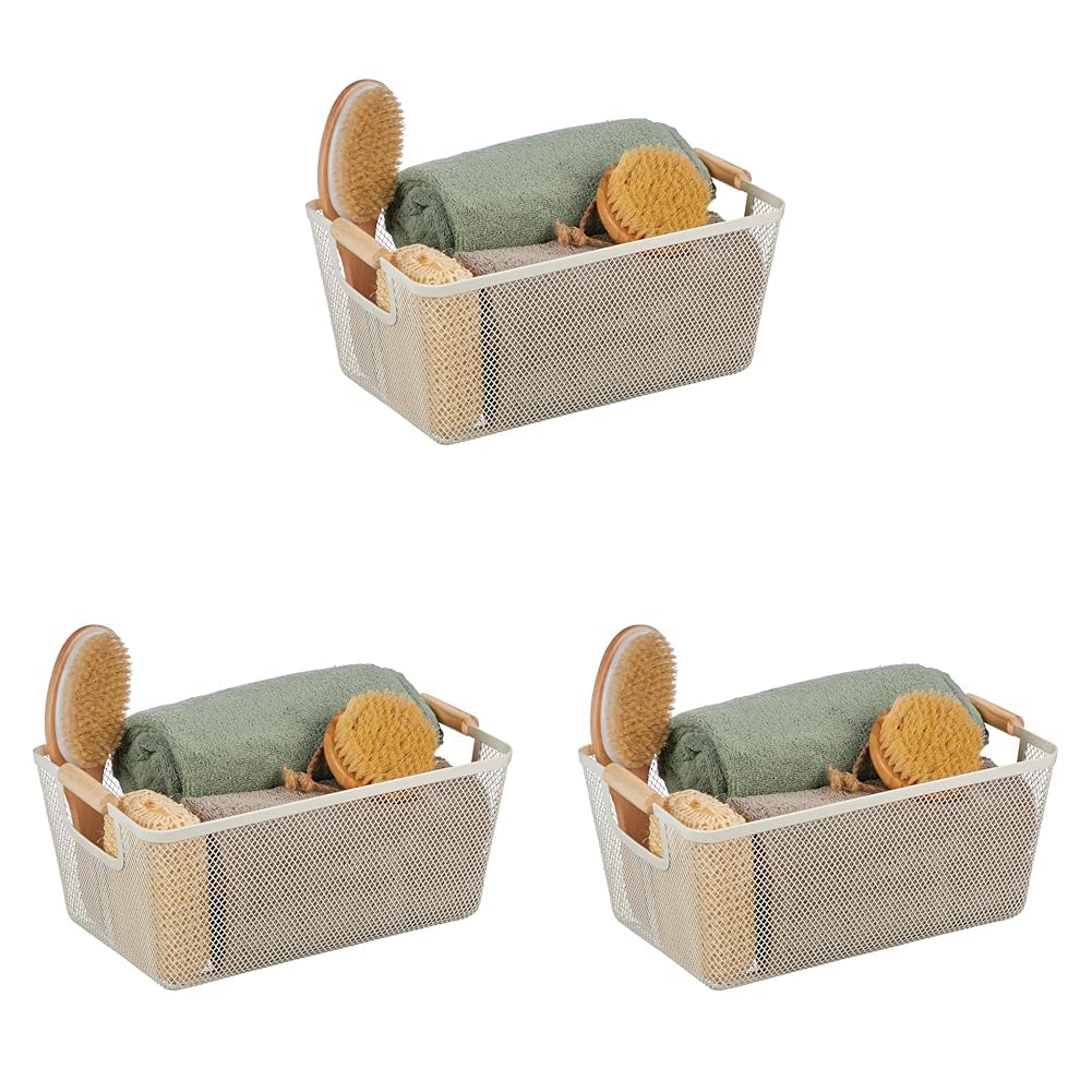 Relaxdays Drahtkorb mit Holzgriffen, eckig, Aufbewahrungskorb Metall, HBT 16,5 x 37 x 22,5 cm, Korb Küche, Bad, Farbwahl (Packung mit 3)