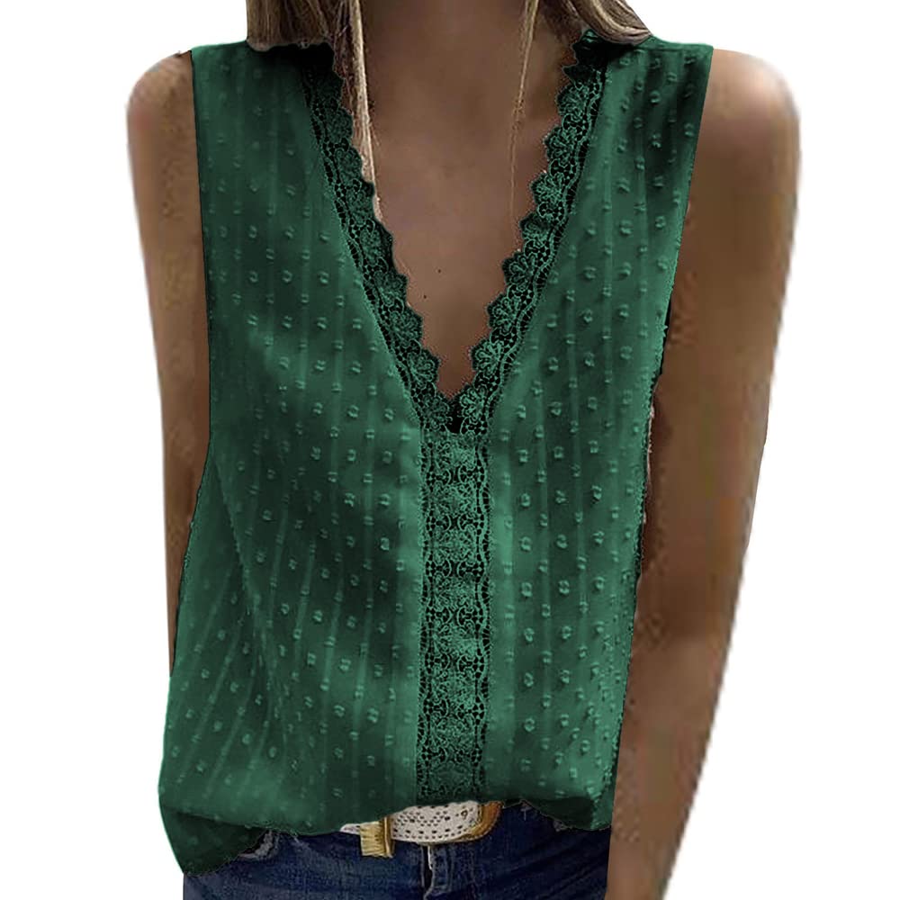 Bipily Camiseta para Mujer Blusa de Encaje con Cuello en V de Gasa Sin Mangas Elegante y Básica Color Sólido Chaleco Tops