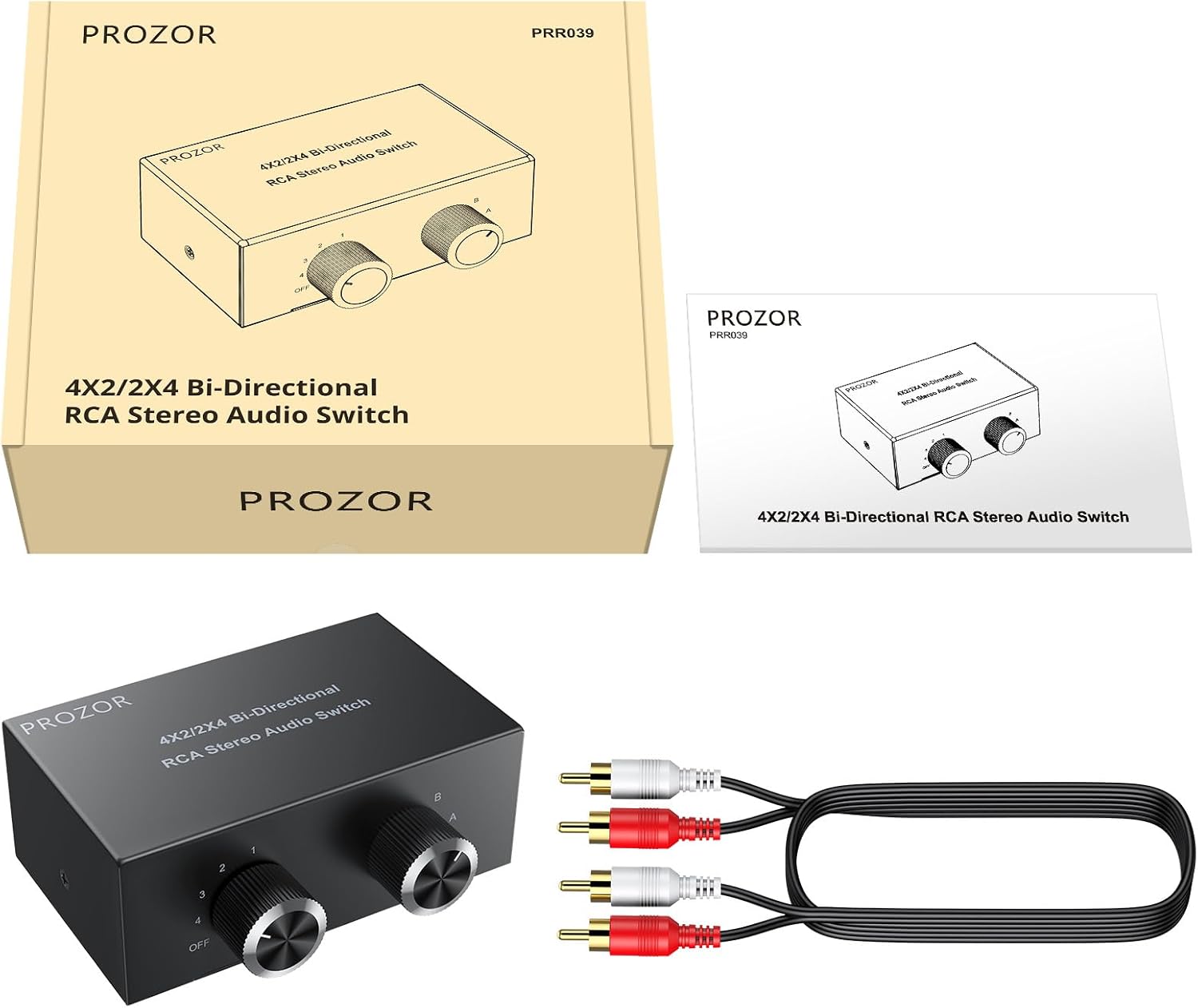 PROZOR Bidirectional RCA Stereo Audio Switch package contents including the switch, RCA cable, and user manual.