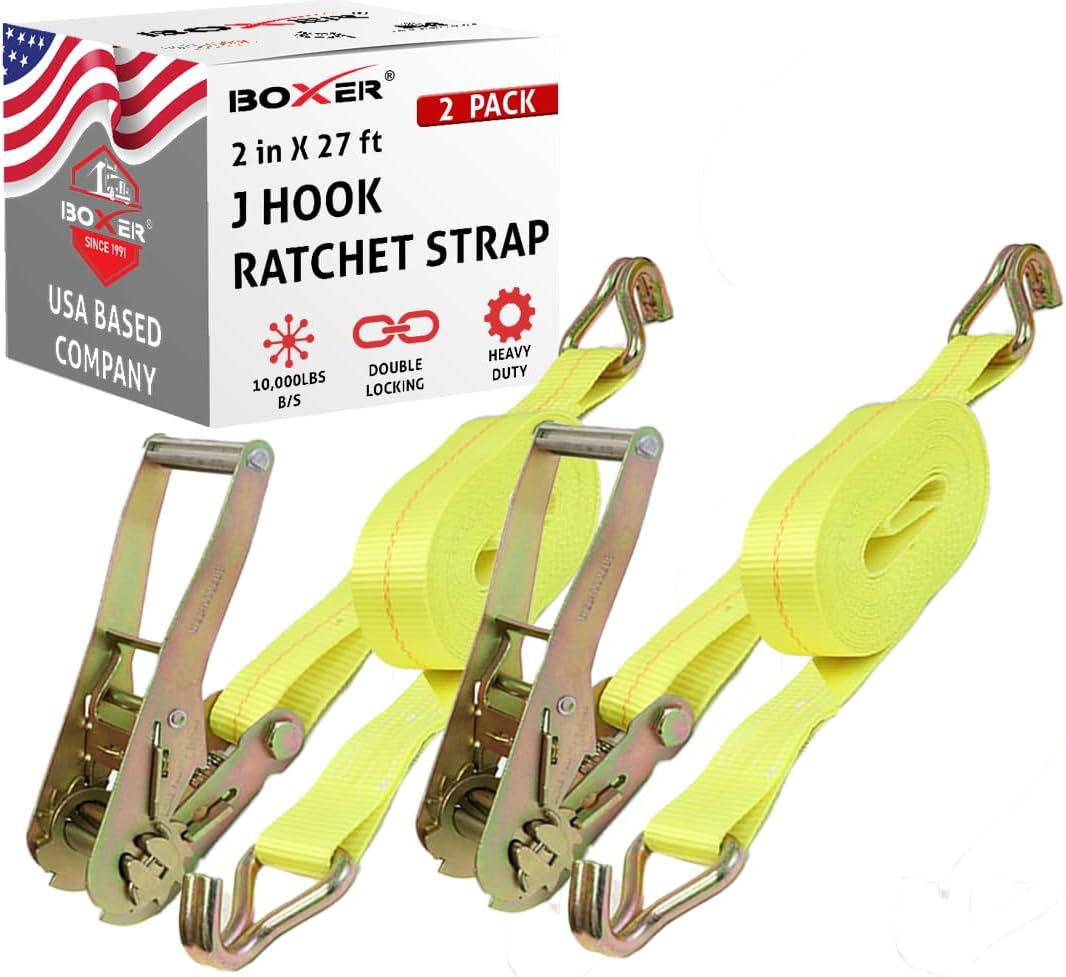 BoxerTool 2 Pack Ratchet Strap Tie Down 2" x 27' Twin J Hooks - Breaking Strength 10,000 Pounds Heavy Duty Tie Down Double Wire Hook - Cargo Truck Straps