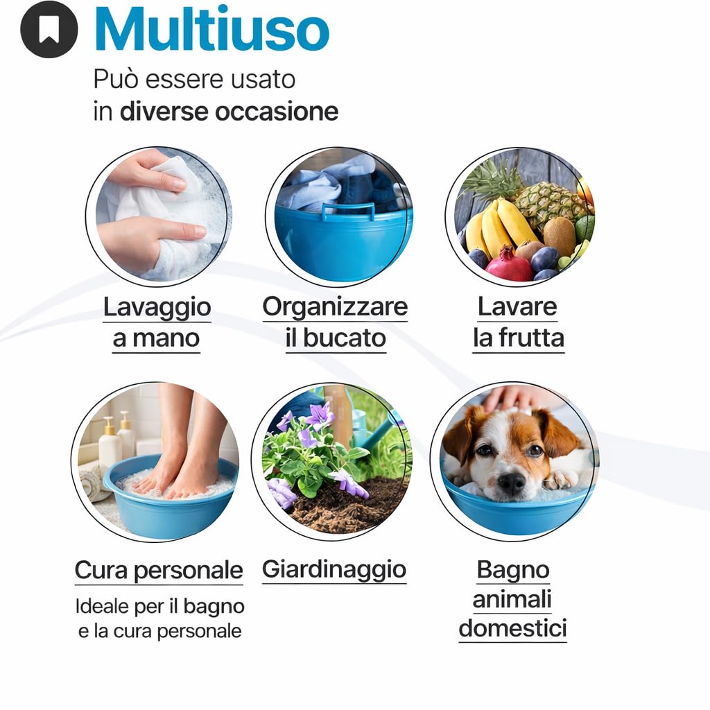 TOMAINO - Bacinella Bucato in Plastica Rigida Tonda - Contenitore Portabiancheria Multiuso per Casa, Lavaggio Panni e Cane - Catino per Bucato 30 lt Ø 52 cm