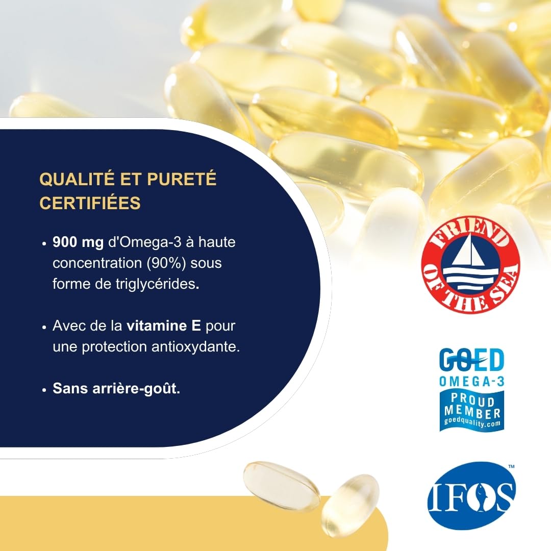 Omegor Vitality 1000 - Supplément avec 1000 mg d'oméga 3 - vitamine E - Pour votre cœur et votre cerveau - Concentration d'oméga 3 à 90% - 5-Star Certificat IFOS - Huile de poisson pure - 150 gélules