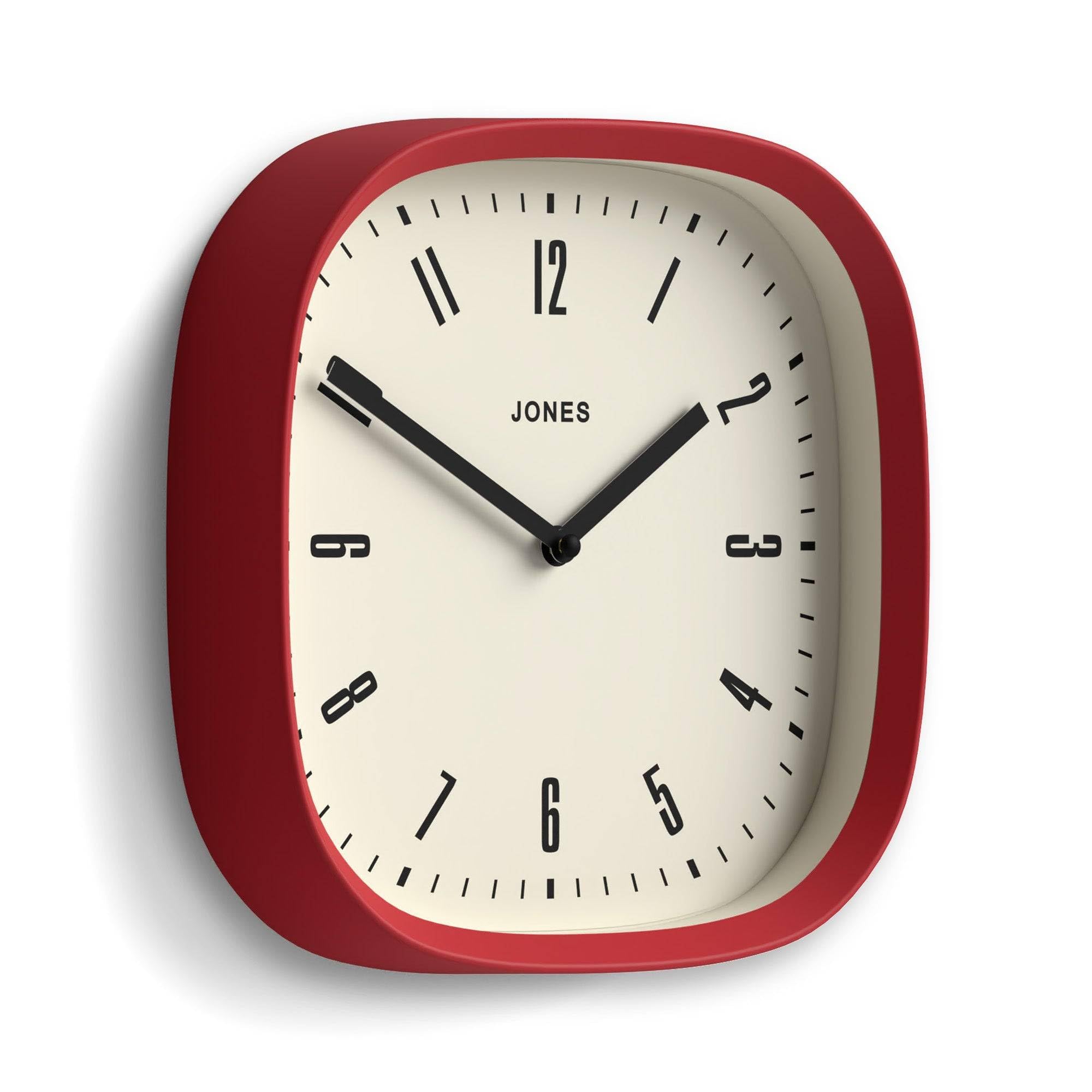 Jones Clocks® Marvel Orologio a parete | Orologio quadrato moderno retro arrotondato | 25cm | Rosso | Look di design interessante per cucina, soggiorno o ufficio