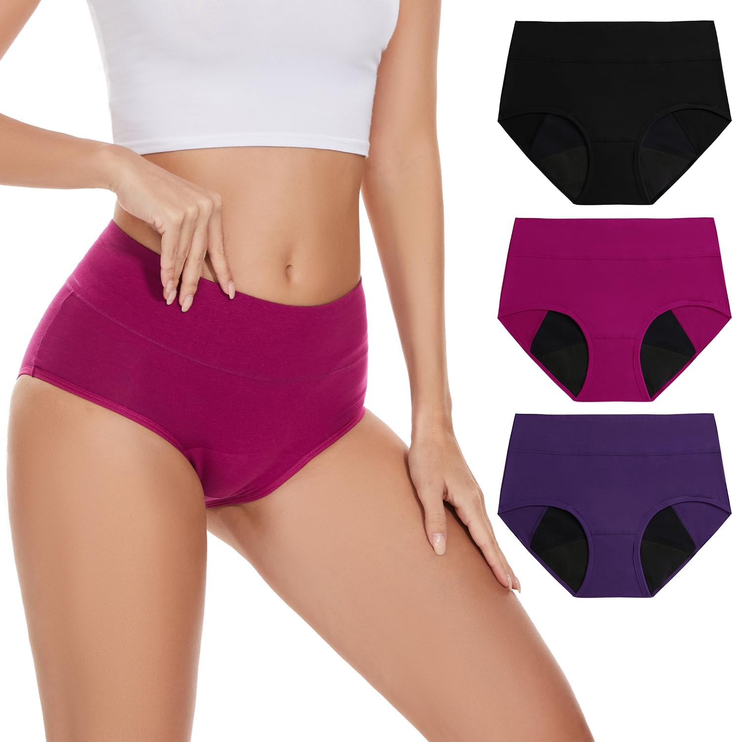 POKARLA Incontinence Pants Women High Absorbency Period Underwear Heavy Flow Leak Proof Urine Washable Leakproof Protective Briefs High Waist Cotton Menstrual Knickers 3 Pack Multicolor Large