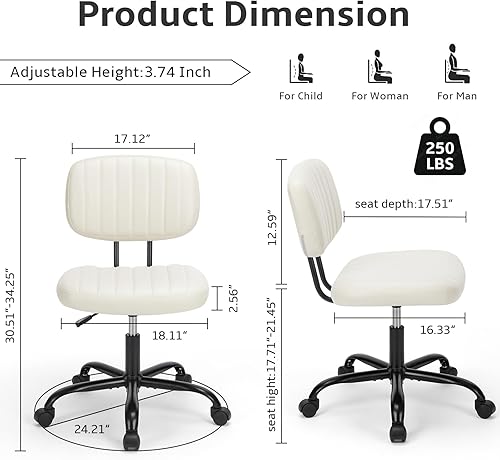 Miniatura 2 de Silla de escritorio sin brazos, silla pequeña de oficina en casa con ruedas, silla de trabajo de piel sintética con respaldo bajo con soporte