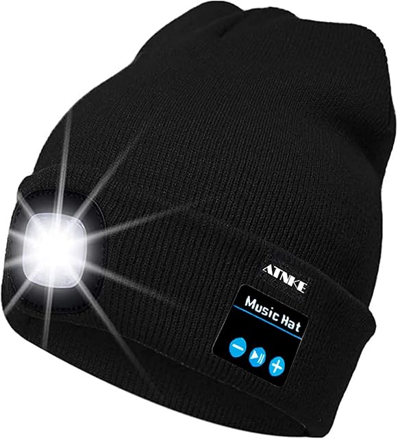 ATNKE LED Lighted Bluetooth Beanie Cap, USB Rechargeable Wireless Musical Running Hat Ultra Bright 4 LED Waterproof Light Lamp Use for Skiing Hiking Camping Cycling