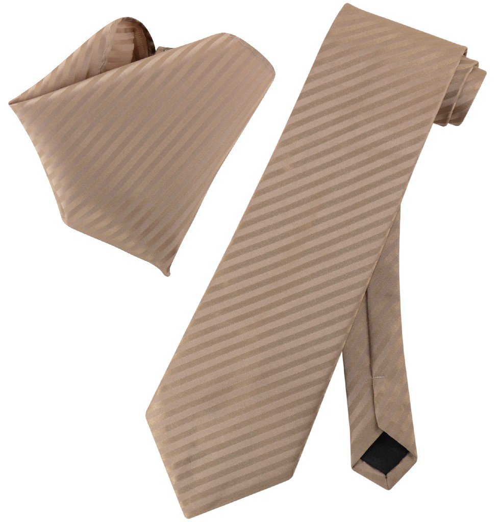 Vesuvio Napoli MOCHA Light BROWN Striped NeckTie & Handkerchief Matching Tie