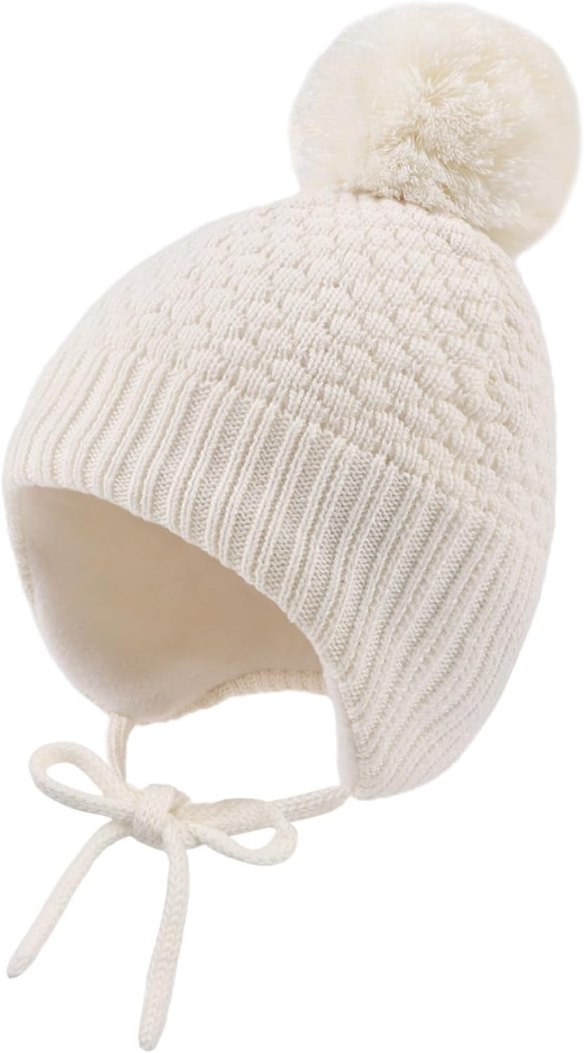Baby Girl Winter Hats Fleece Lined Infant Beanie Hat for Boys Knitted Kids Earflap Beanis with Pompom 0-8 Years