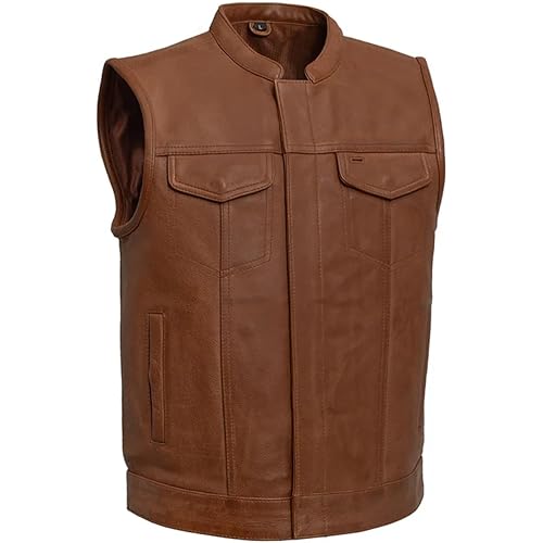 First Mfg Co Sharp Shooter Men's Motorcycle leather Vest - Classic Black Leather, Banded Collar, Covered Snaps