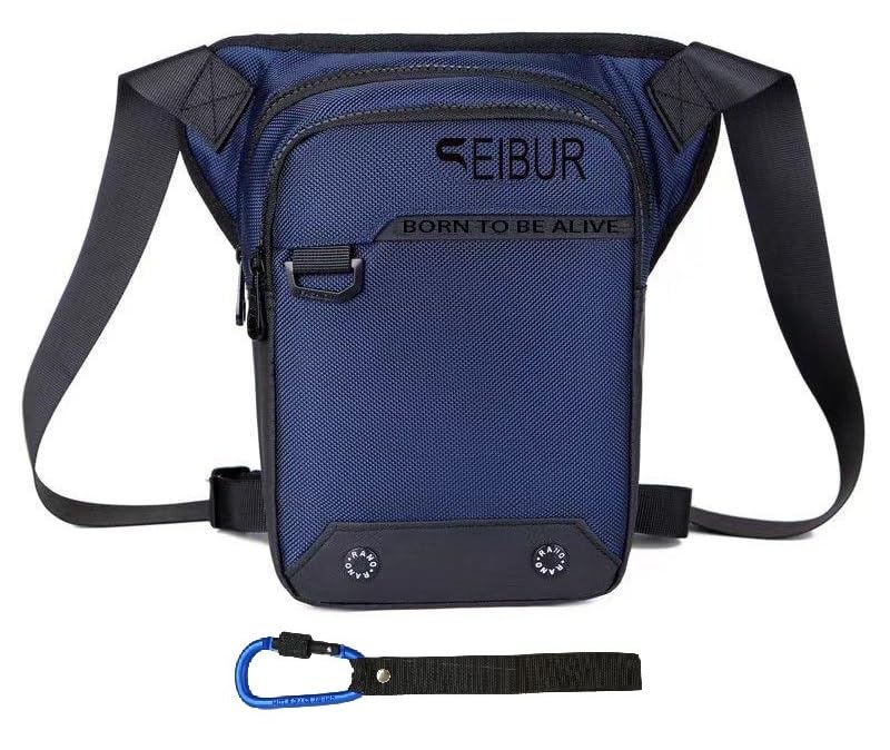 SEIBUR® Bolsa Pierna Moto + Mosquetón, Senderismo, Camping, Hípica, Bolsa Táctica, Riñonera Impermeable, Bolsa de Cintura y Pierna para Hacer Viajes, Etc. (Azul)