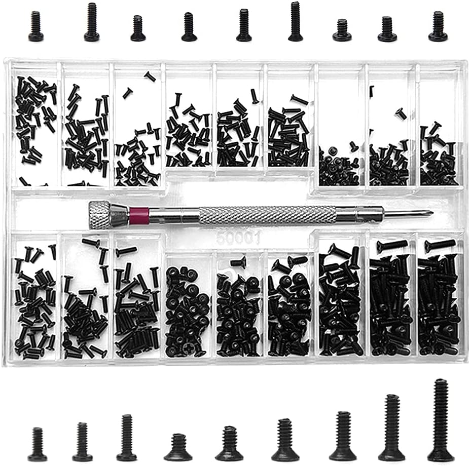 YIXISI 500 PCS Tiny Micro Repair Screw Kit, M1.2 M1.4 M2 Watch Glasses Computer Replacement Screws Kit, Stainless Steel Tiny Screws with Screwdriver, Black