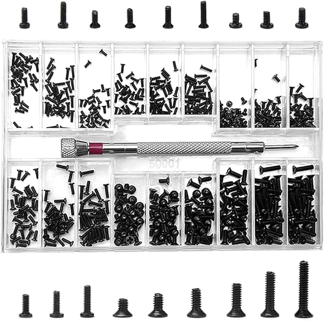 YIXISI 500 PCS Tiny Micro Repair Screw Kit, M1.2 M1.4 M2 Watch Glasses Computer Replacement Screws Kit, Stainless Steel Tiny Screws with Screwdriver, Black