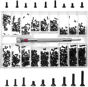 YIXISI 500 PCS Tiny Micro Repair Screw Kit, M1.2 M1.4 M2 Watch Glasses Computer Replacement Screws Kit, Stainless Steel Tiny Screws with Screwdriver, Black