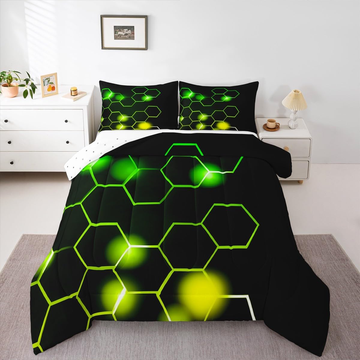 Feelyou グリーンとブラック 掛け布団セット ツインサイズ キッズ ハニカム掛け布団 男の子 ティーン用 六角形テーマ 寝具セ