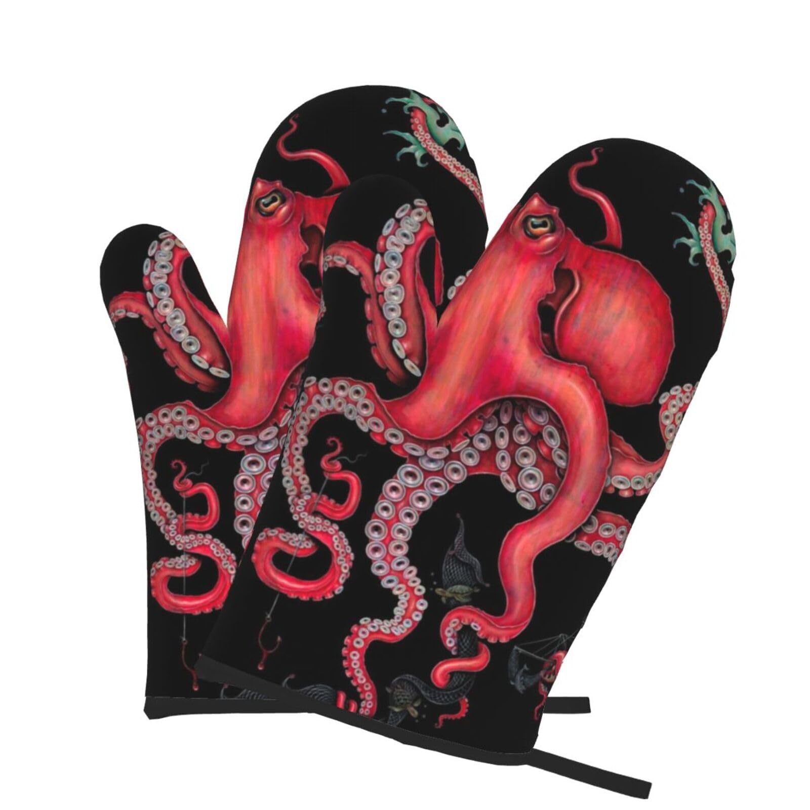 Oven Mitts Set of 2 Pcs, Octopus Intertwined Prints Heat Resistant Kitchen Gloves for Cooking Baking Grilling