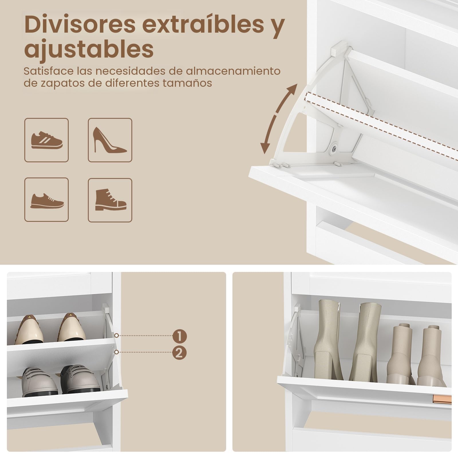 KIMENICH Armario para Zapatos, Zapatero con 4 Solapas, Zapatero Estrecho con 2 Cajones, Separador Ajustable, para 16-24 Pares de Zapatos, Pasillo, Portales, 24 x 100 x 103 cm, Blanco