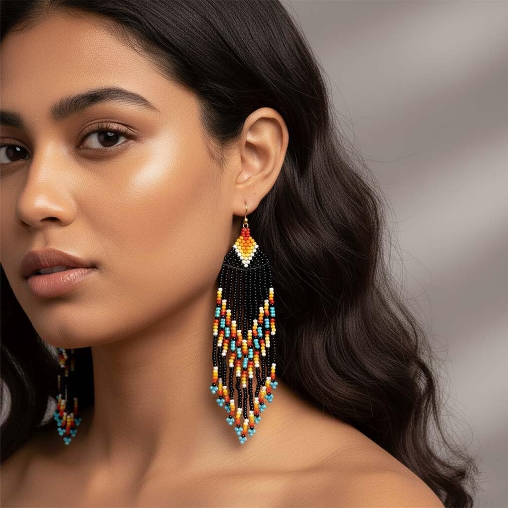 Long Beaded Earrings for Women Native American Jewelry Statement Tassel Dangling Earrings Boho Colorful Bead Gifts image 3