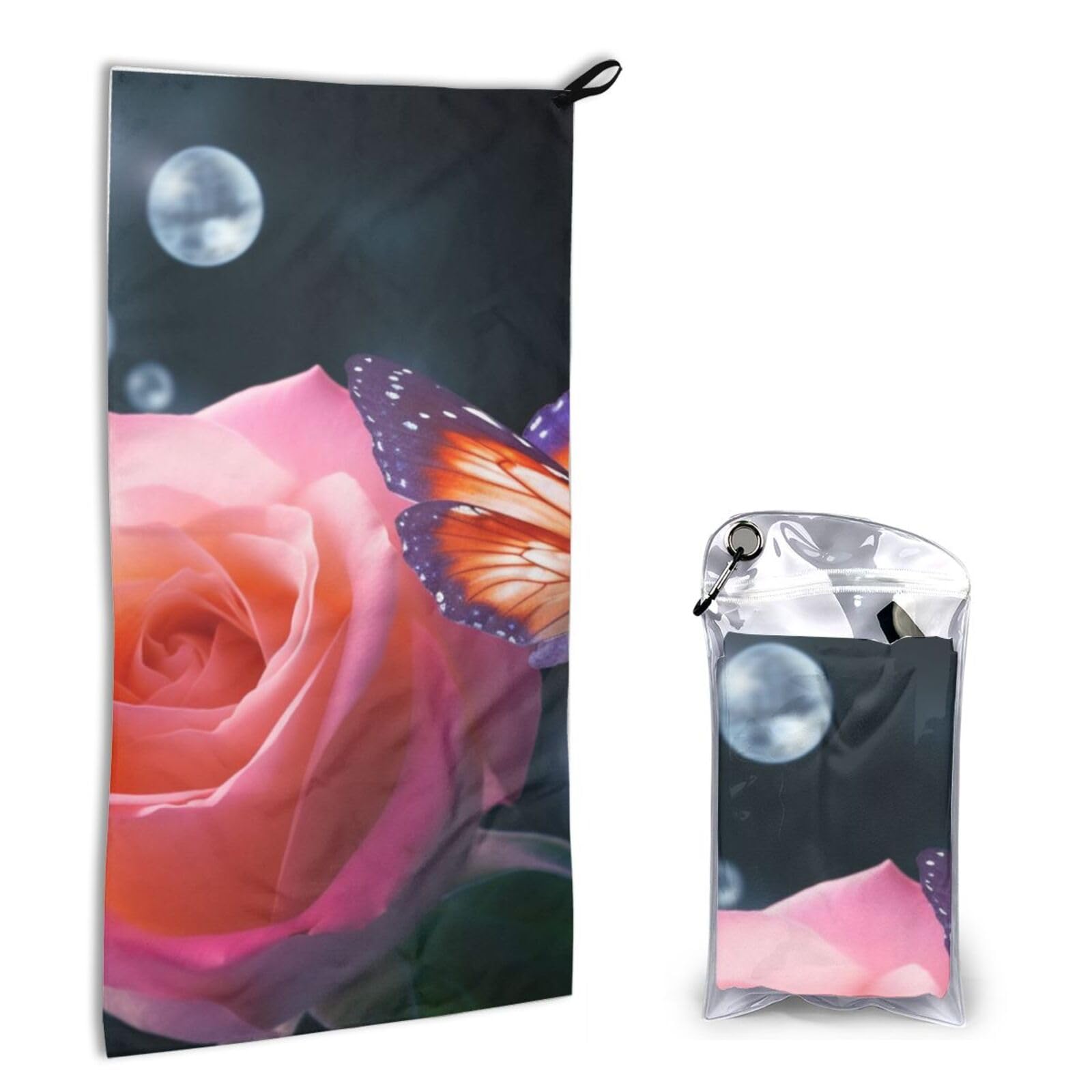 BWWHCCTI Quick Dry Hand Towel With Bag - Rose and Butterfly Printed Super Absorbent Face Cloth Microfiber Travel Sports Towels 40x80cm