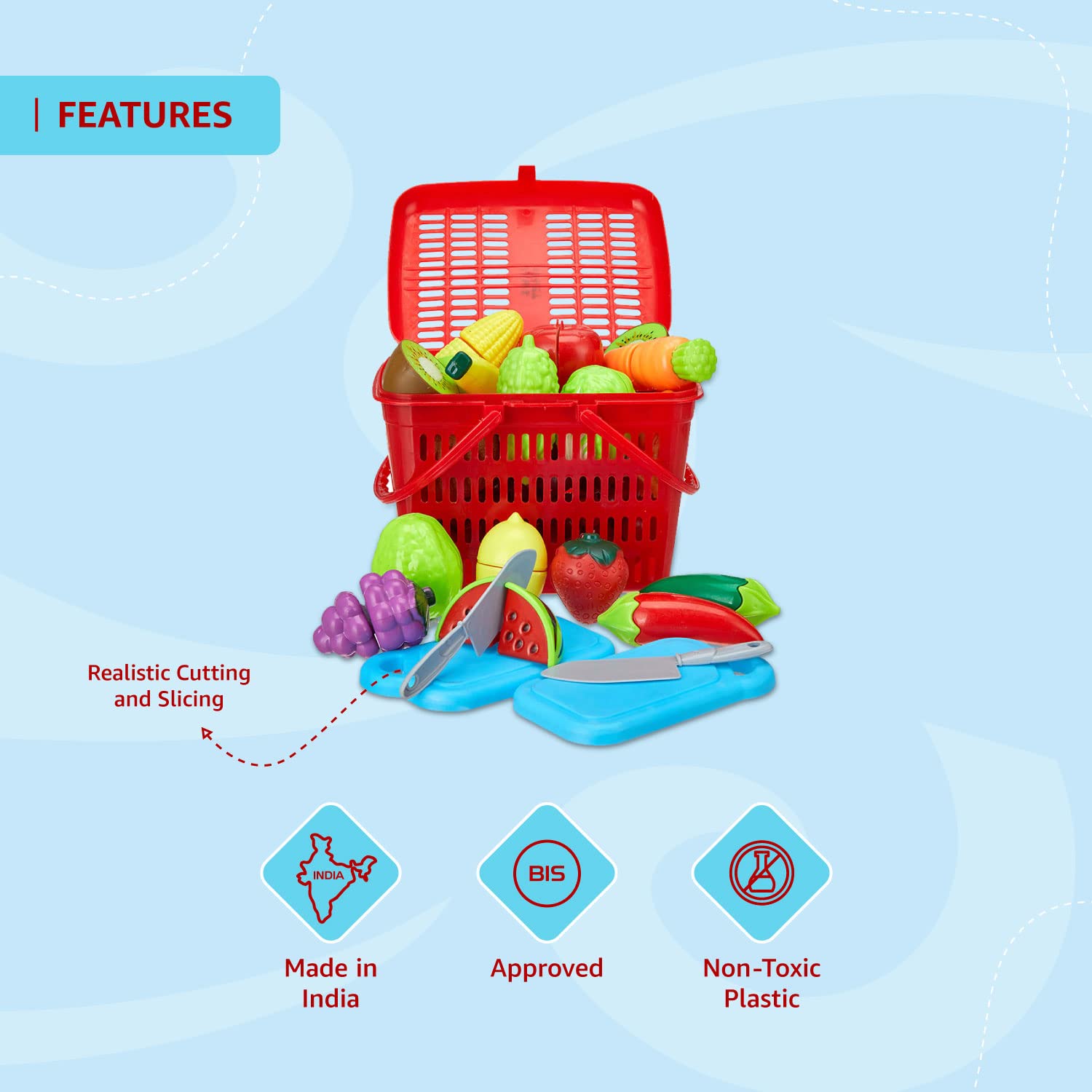 Amazon Brand - Jam & Honey Fruit and Vegetable Basket Toy for Kids|Pretend and Play Food Basket |Realistic Cutting and Slicing | Ideal for Kids Age 3+/7 Fruits/7 Vegetables/1 Chopping Board/1 Knife, - Image 2 thumbnail