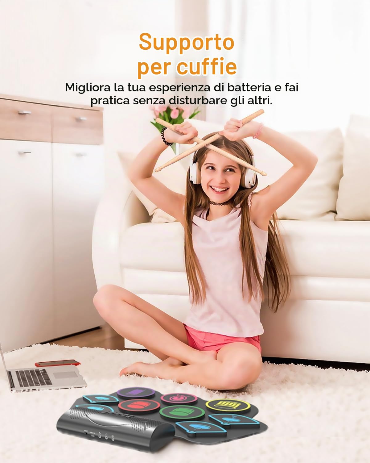 Tamburi elettronici, 9 cialde, batteria elettronica pieghevole, con bacchette, set elettrico portatile, con Bluetooth, per bambini, principianti compleanno e regalo