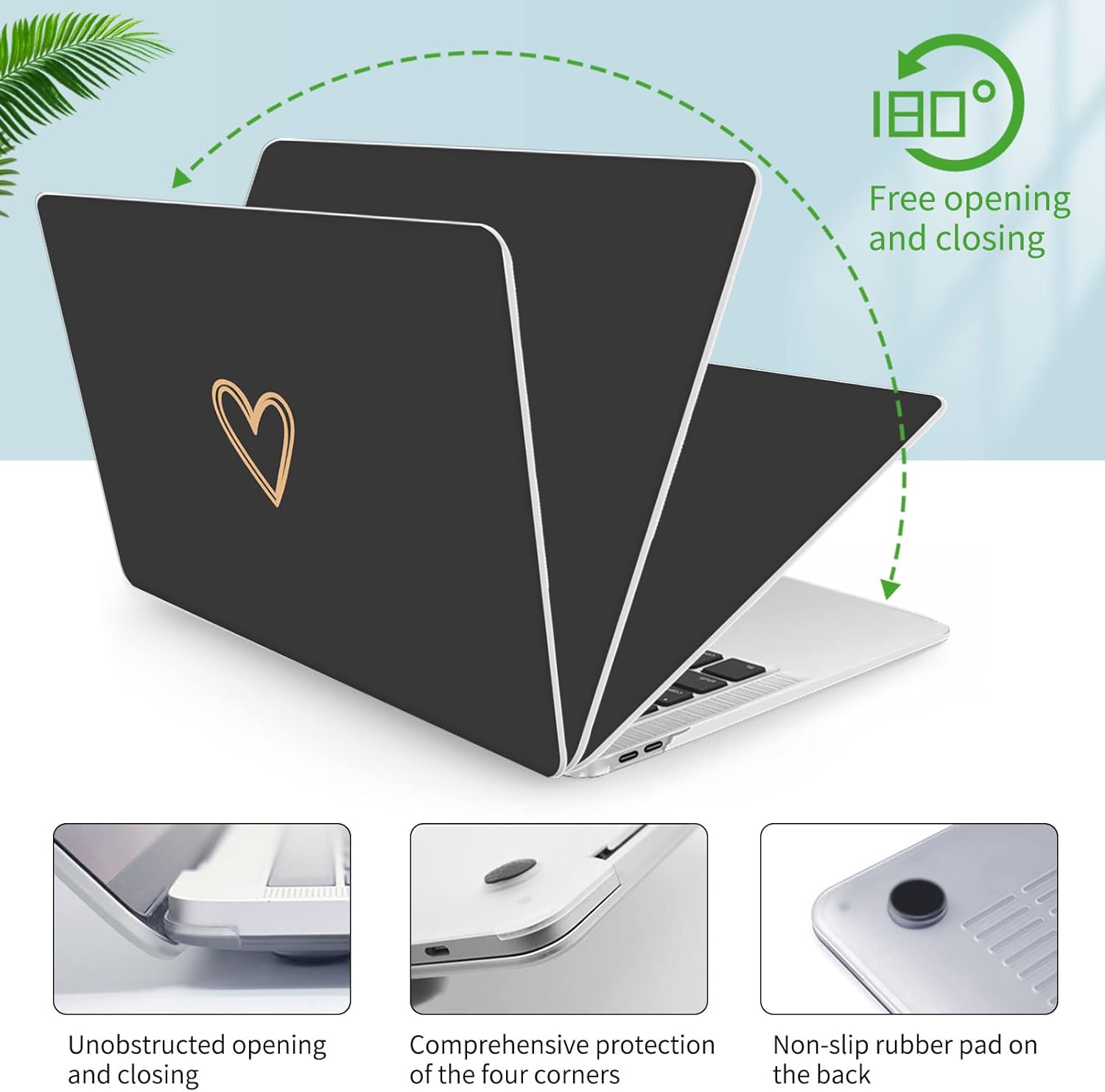 Seorsok Compatible with MacBook Air 13 Inch Case 2020 2019 2018 Release A1932 A2179 M1 A2337 Touch ID, Gold&Cute Heart Pattern Plastic Hard Shell Case with Keyboard Cover,Black