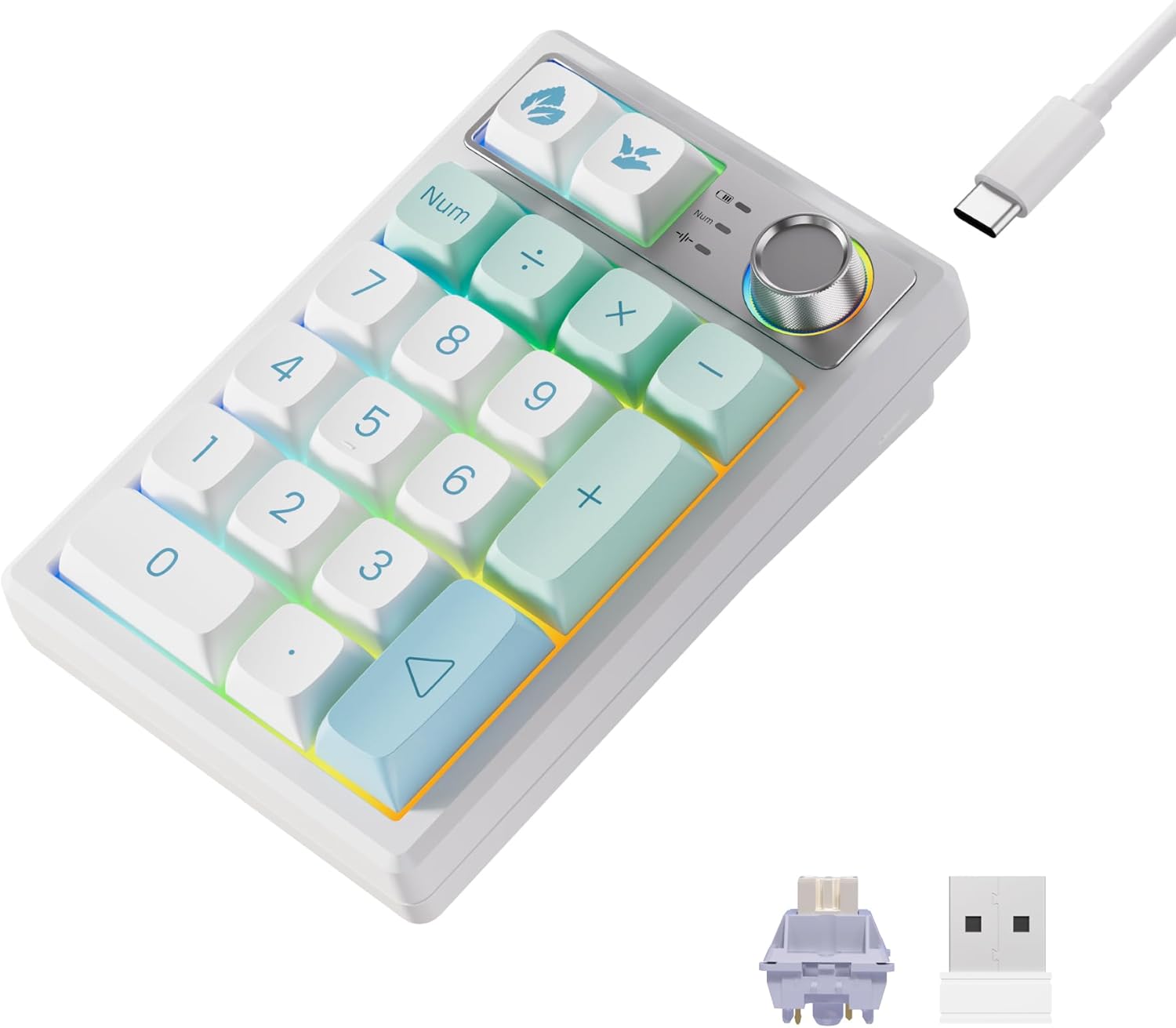 Mechanical Numpad Gasket Mounted with Creamy Sound, Bluetooth/2.4G/USB-C, Programmable Macro Numeric Keypad Rechargeable Number Pad Hot Swappable RGB Backlit Metal Knob for Win/Mac, Mint