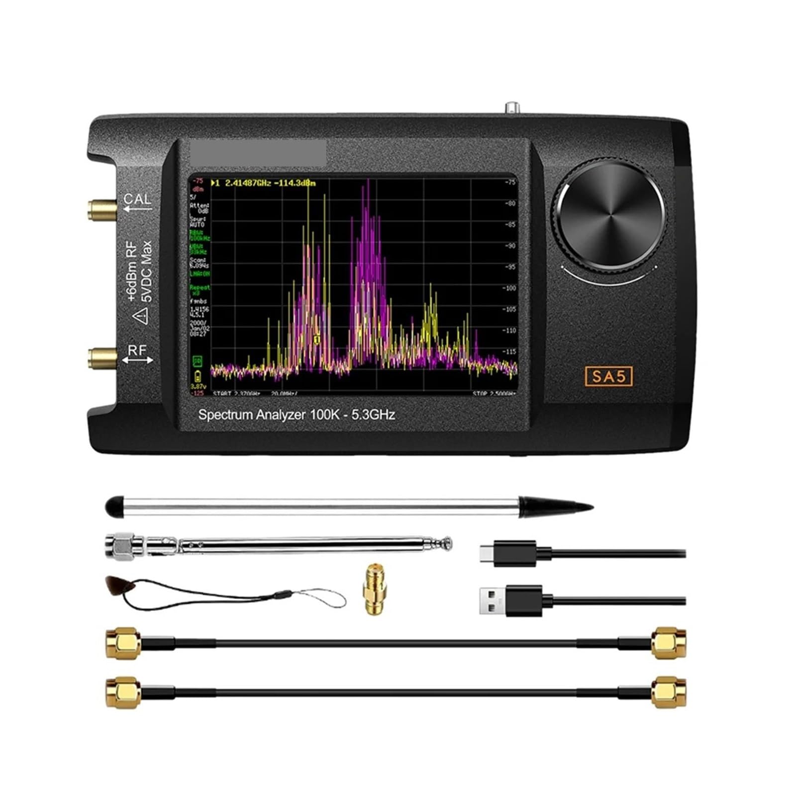 Network Analyzer, 4inch IPS LCD SA5 Multi-Function Handheld Spectrum Analyzer 100k-5.3GHz Signal Generator with Battery