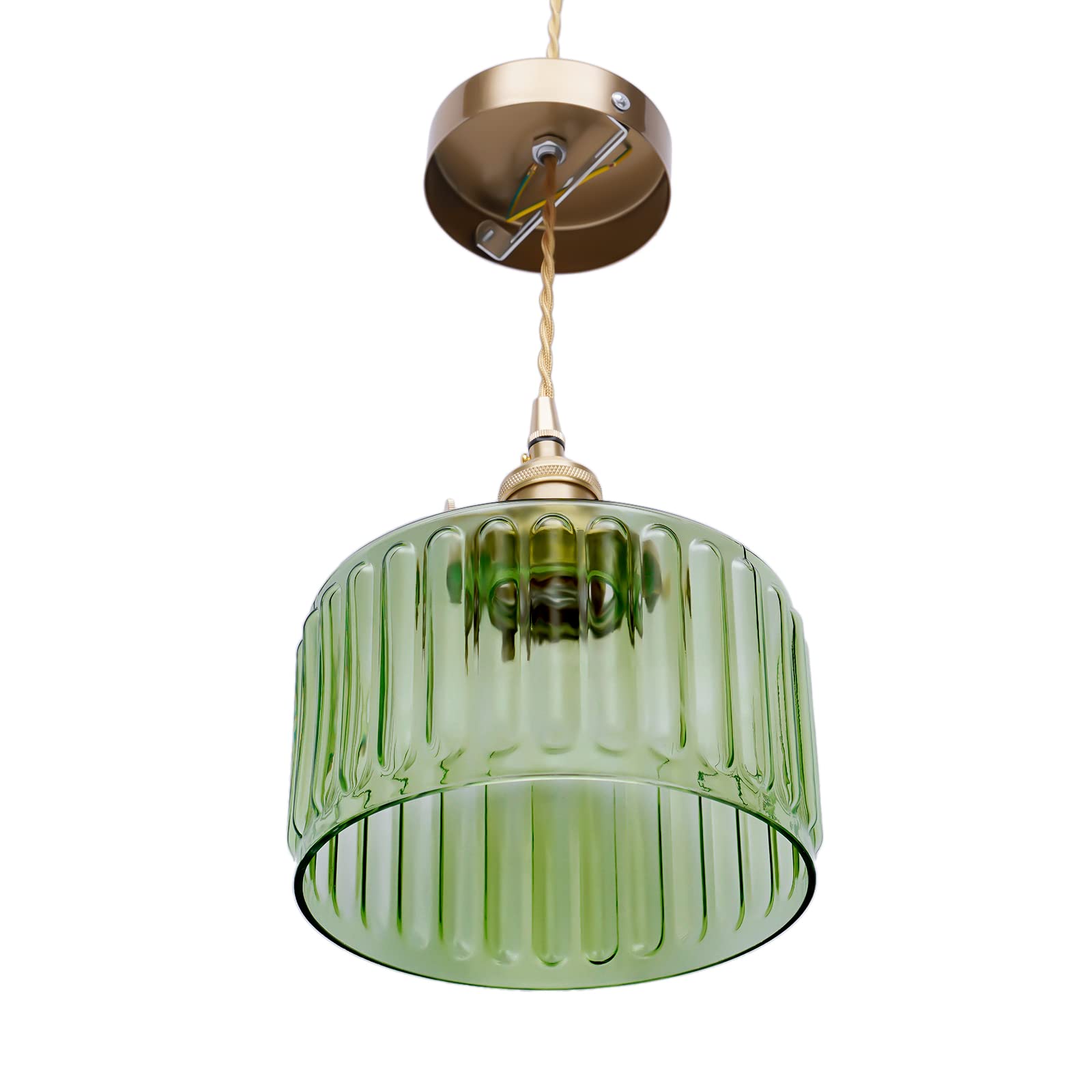 Tyvotrend Lampshade, Pendant Lighting Easy Fit Shade, Elegant Green Glass Industrial Clear Glass Ceiling Light Ceiling Pendant Light Shade with Antique Gold Top, Lovely Shade, E27 Bulb (Green)