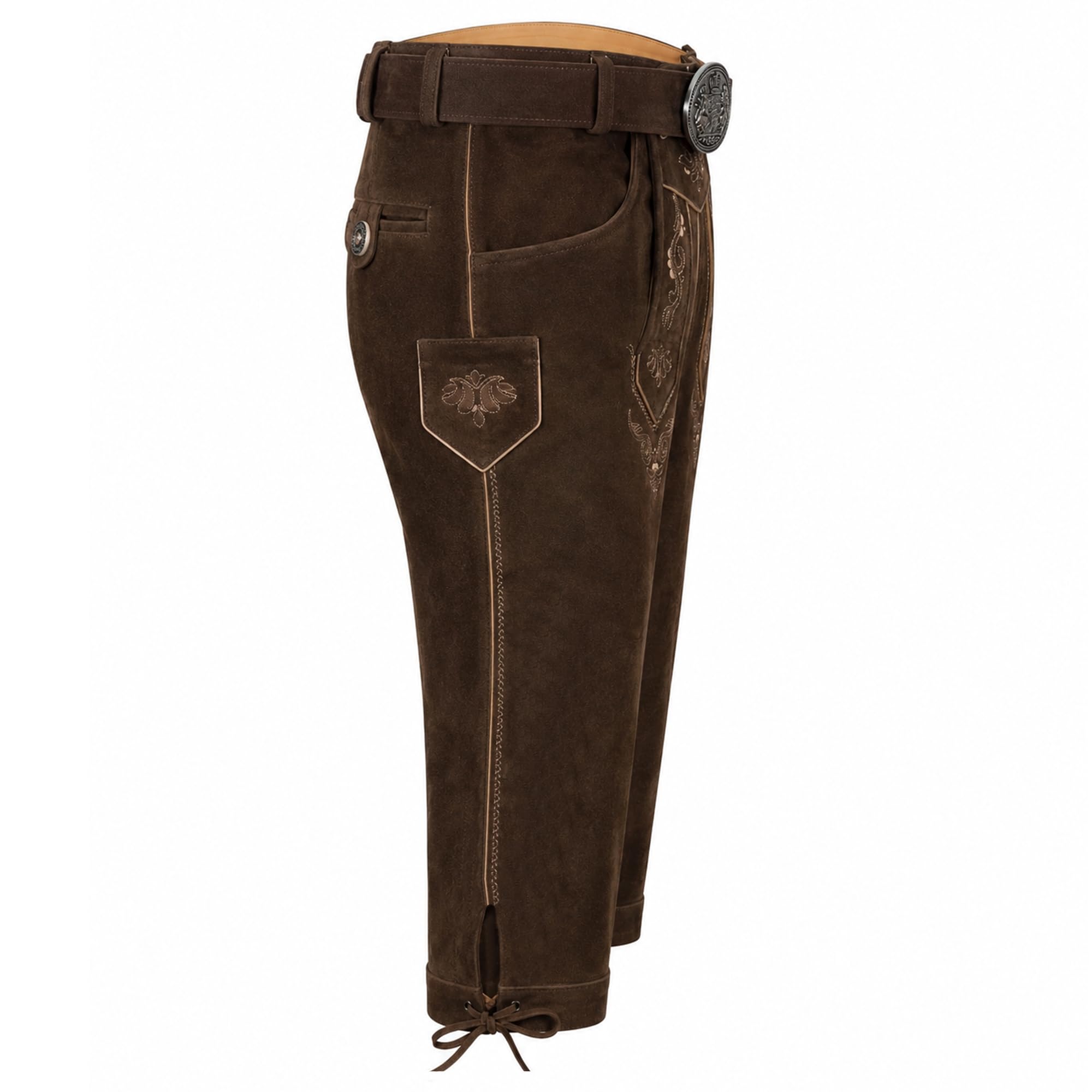 German Wear Trachtenlederhose Herren Kniebund Lederhose mit Gürtel 100% Wildleder Rindsvelours Traditionelle Stickerei Messertasche für Volksfeste Trachtenveranstaltungen