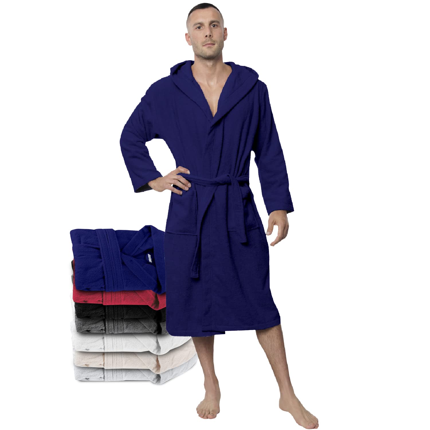 Twinzen Accappatoio per Uomo con Cappuccio in Spugna, 2 Tasche, Cintura Cotone Senza Prodotto Chimico, Oeko Tex - Vestaglia per Uscire dalla Doccia, Assorbente e Confortevole