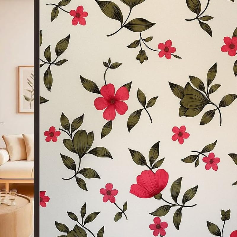 Image of WOO Home Frosted Glass Window Film & Stickers (18 X 48 INCH) Privacy Window Cover for Home & Office - Easy Apply, UV Protection, Removable Decorative Film (Colour Flower Film | 1.5 X 4 SQFT)