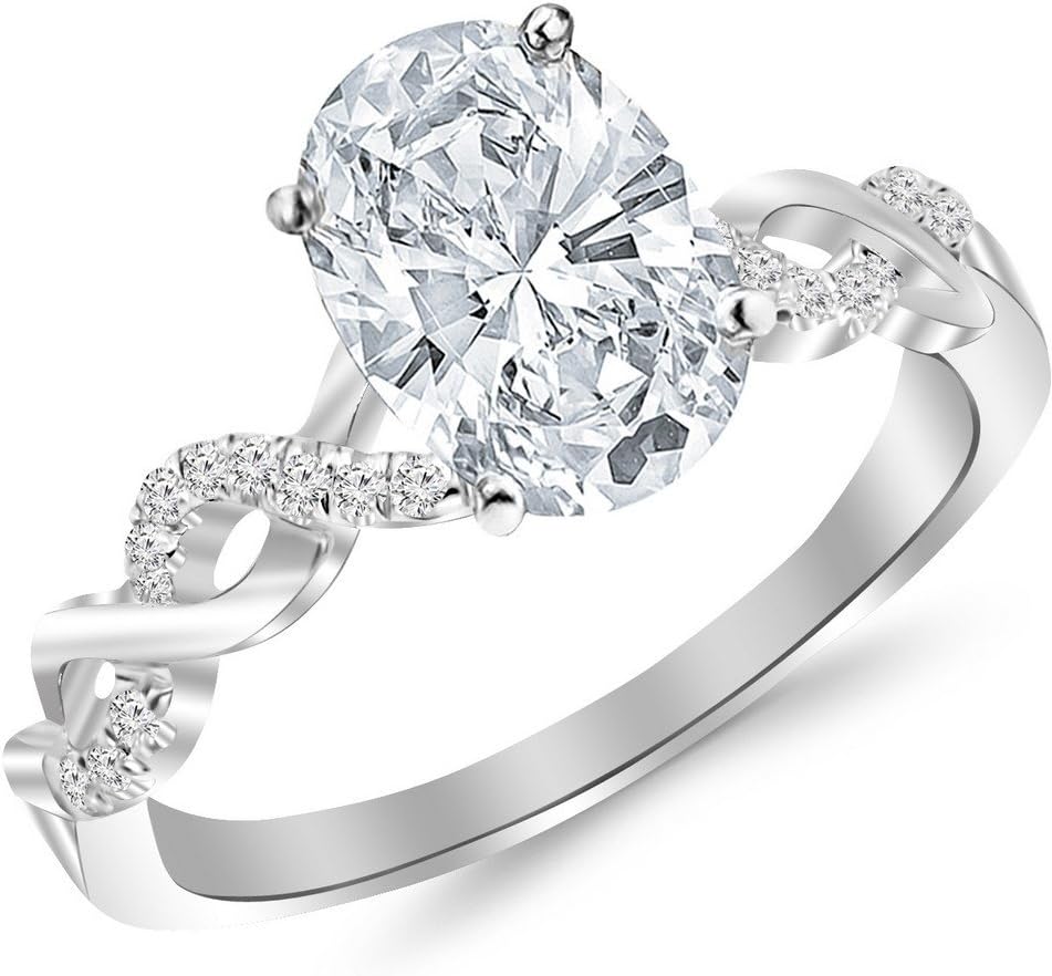 14K White Gold 0.88 Carat LAB GROWN DIAMOND Twisting Infinity Gold and Diamond Split Shank Pave Set Oval Cut Diamond Engagement Ring (G-H Color VS2-SI1 Clarity 0.75 Ct Center)