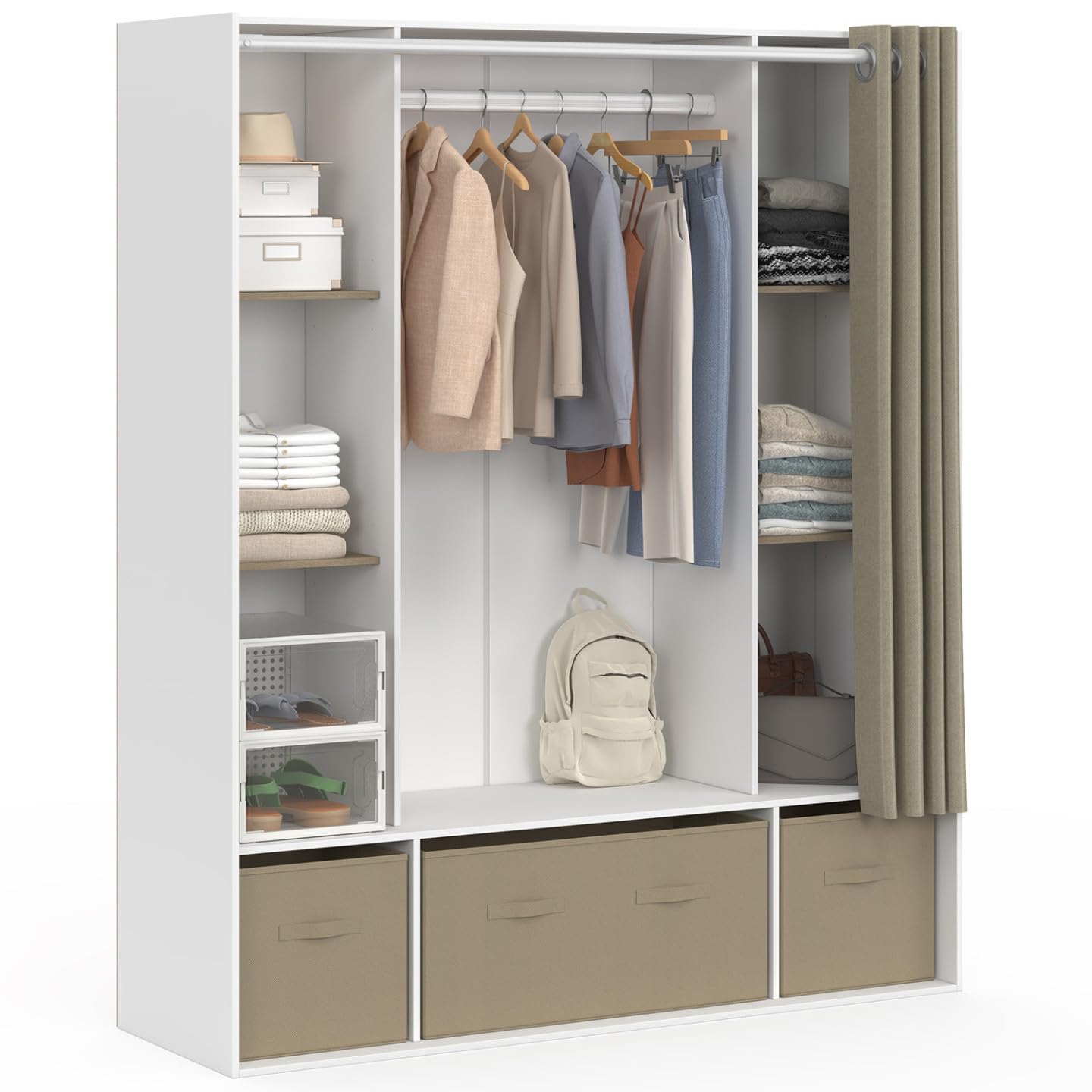 IDMarket - Dressing double penderie DIANE 140 x 45 x 167 cm blanc avec étagères + boites de rangement + rideau taupe