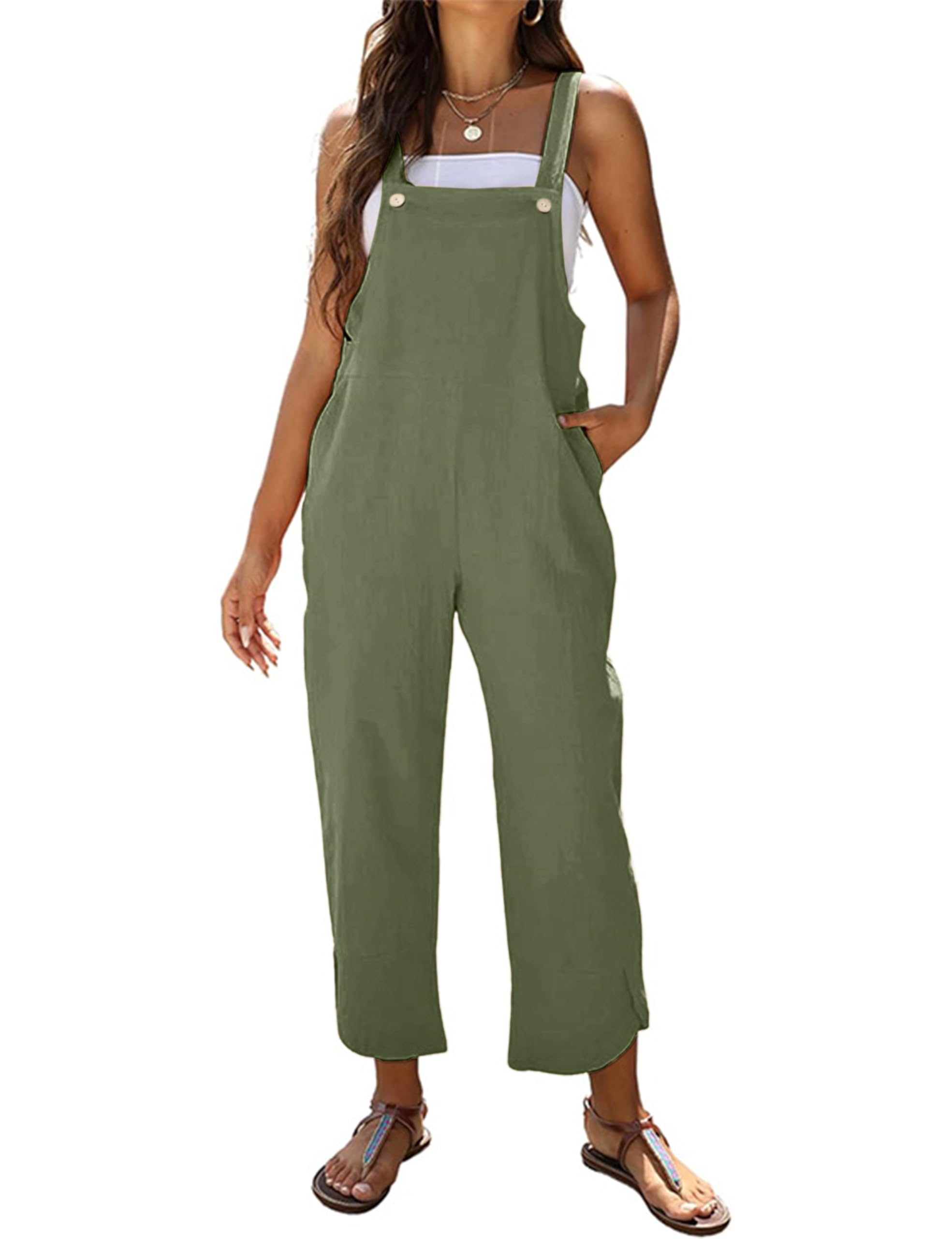 Women's Sleeveless Cotton Linen Overalls Rompers Baggy Wide Leg Jumpsuits