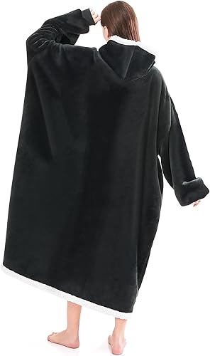 Miniatura 7 de IVOKO Manta con capucha de gran tamaño de forro polar Sherpa con capucha con doble bolsillo visible, acogedora y gigante, manta con capucha plegable