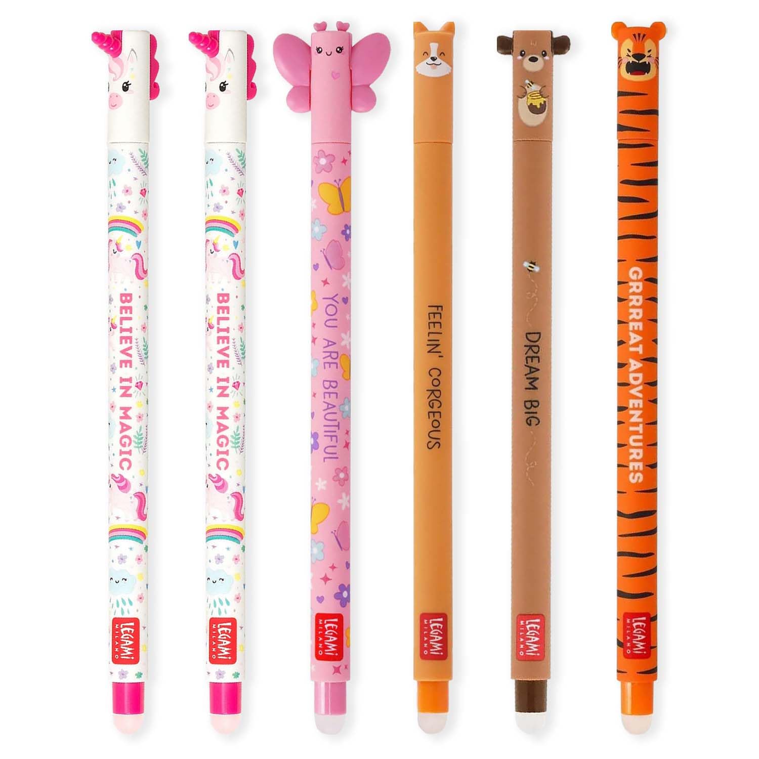 LEGAMI - Set of 6 Erasable Gel Pens with Thermosensitive Erase Ink, Range of ink colours & barrel designs, 0.7mm Tip, Unicorn, Butterfly, Corgi, Teddy Bear, Tiger Designs