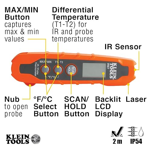 Miniatura 3 de Klein Tools IR07 Termómetro digital LCD de doble infrarrojo (IR) y sonda de tamaño de bolsillo