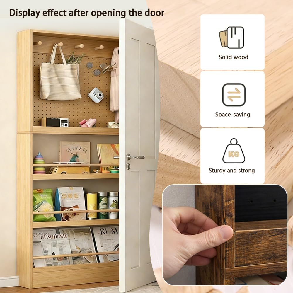 70.1" Tall Behind-The-Door Bookshelf - Open-Shelf Wooden Floor Bookcase with Perforated Board | 4/6/8 Inch, Multi-Purpose Display Storage Organizer Wood Color 31.5×4×70.1"