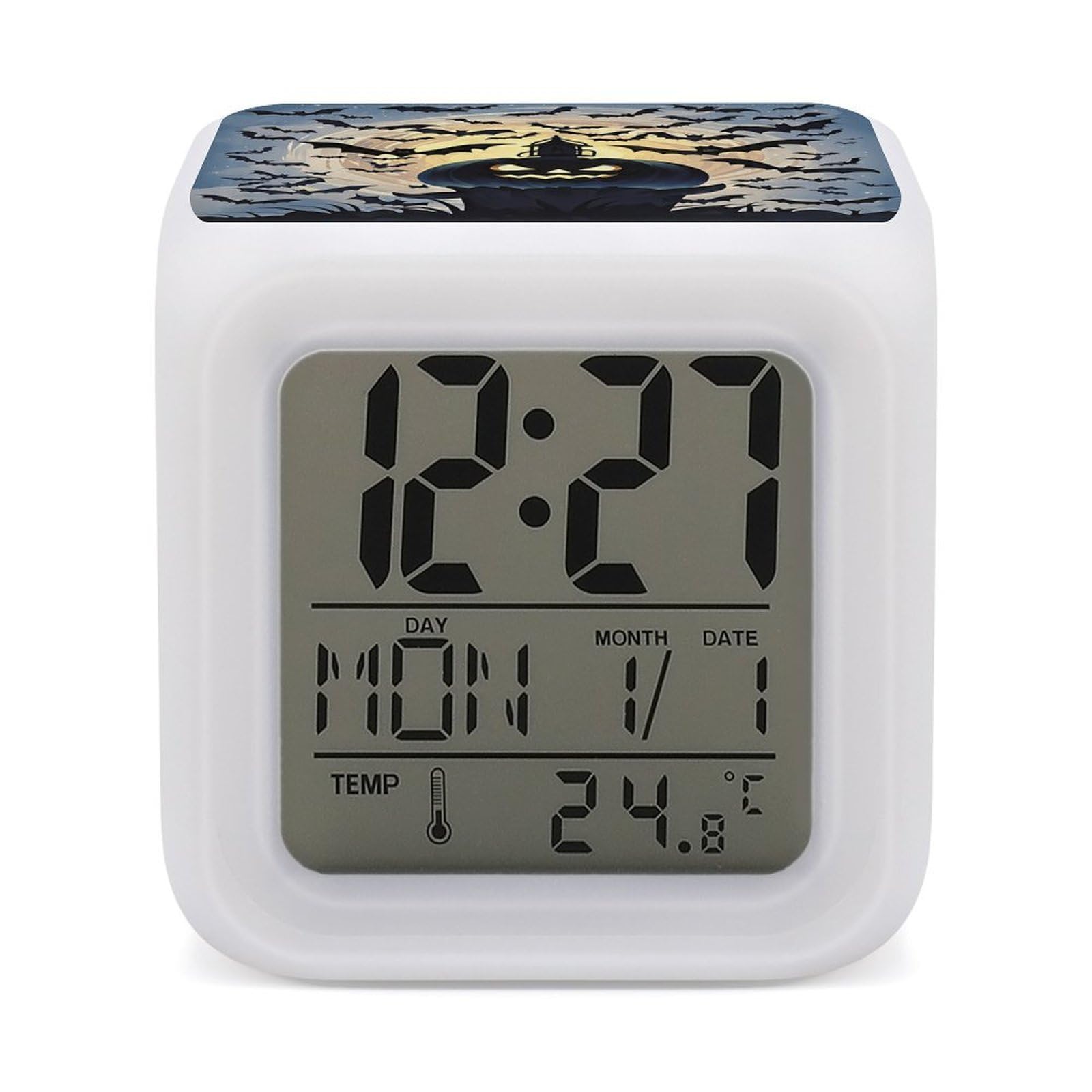 FekiLoot Halloween Flying Bats Alarm Clock for Heavy Sleepers Small Digital Alarm Clock with Date Temperature Wake Up Digital Clocks with 7 Colors Changing Desk Clocks for Bedroom Bedside Nightstand