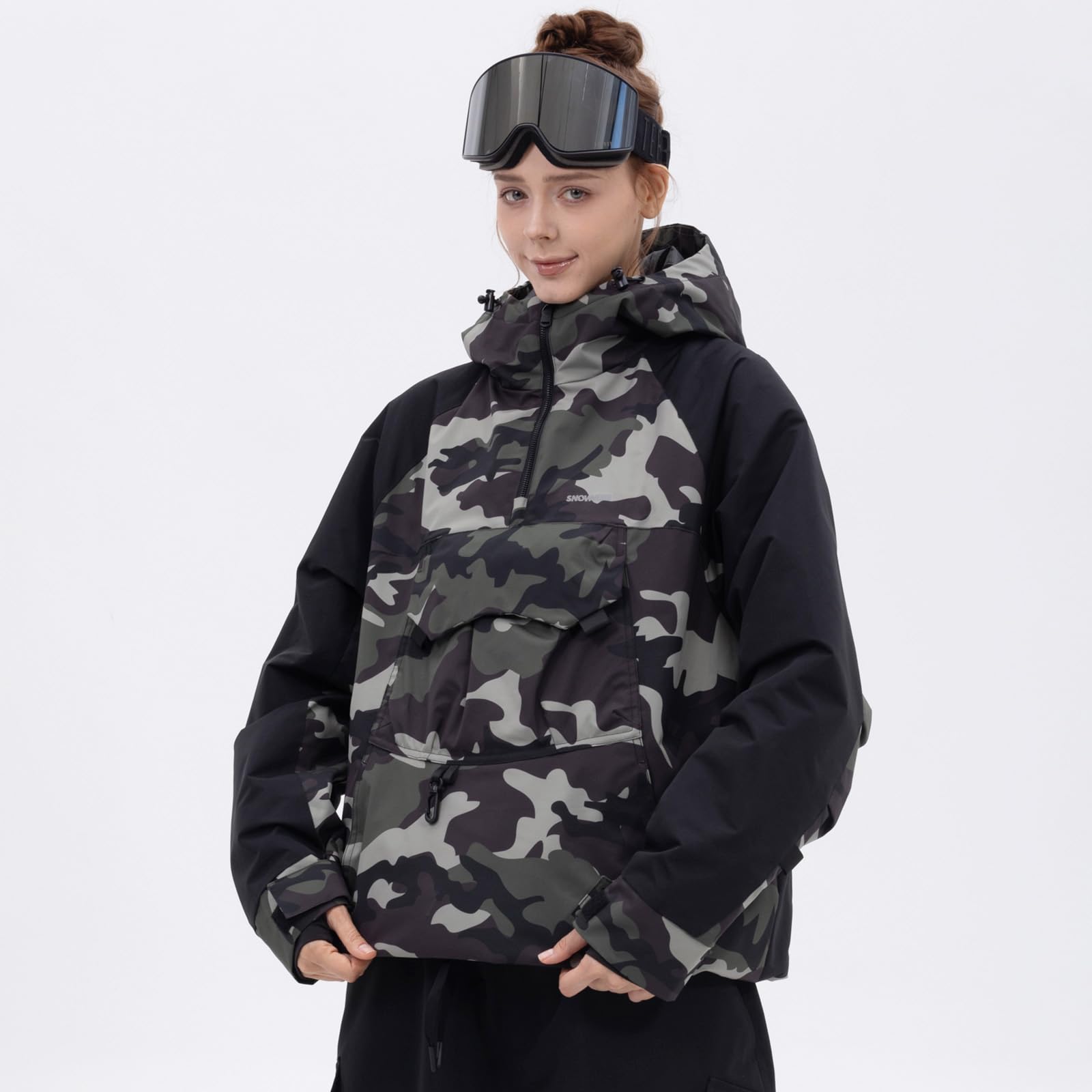 SNOWVERB Damen Snowboard Baggy Anorak halber Reißverschluss Schneejacke Camo Leopard Wasserdicht Mountain Ski Mantel mit Kapuze