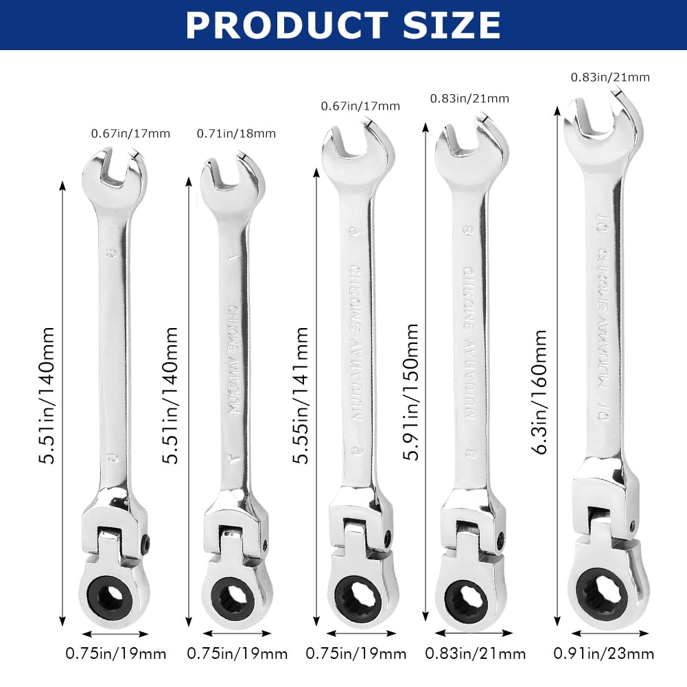 Set di 5 chiavi a cricchetto con testa flessibile, metriche da 6-10 mm, kit di chiavi combinate a cricchetto con testa a 180°, 72 denti, estremità scatola e chiave a estremità aperta per