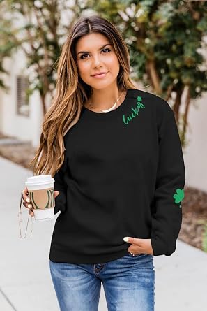 VILOVE Women St Patricks Day Sweatshirts Clover Sweater Irish Shamrock Pullover Long Sleeve Graphic Tops