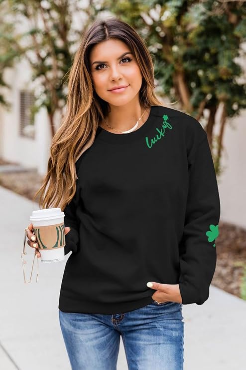 VILOVE Women St Patricks Day Sweatshirts Clover Sweater Irish Shamrock Pullover Long Sleeve Graphic Tops