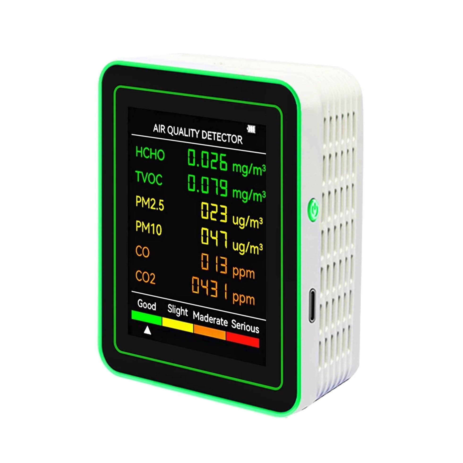 Air Quality Monitor, 6 in 1 Air Quality Monitor Carbon Dioxide Multifunctional Formaldehyde Detector(Bianco)