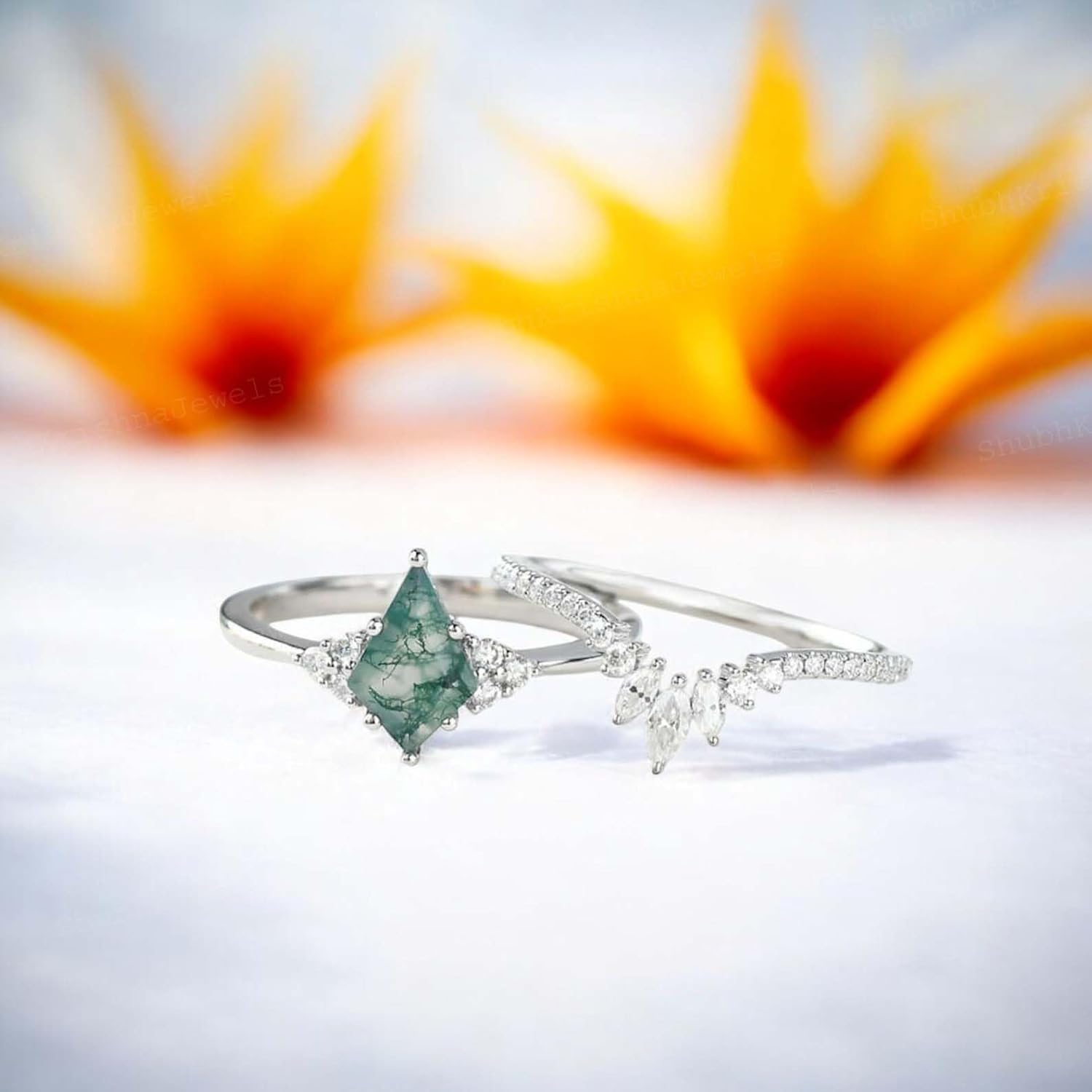 Kite Cut Moss Agate Wedding Ring Set Diamond Curved Matching Band Bridal Cluster Stacking Ring White Gold Handmade Jewelry Birthday Gift For Mom