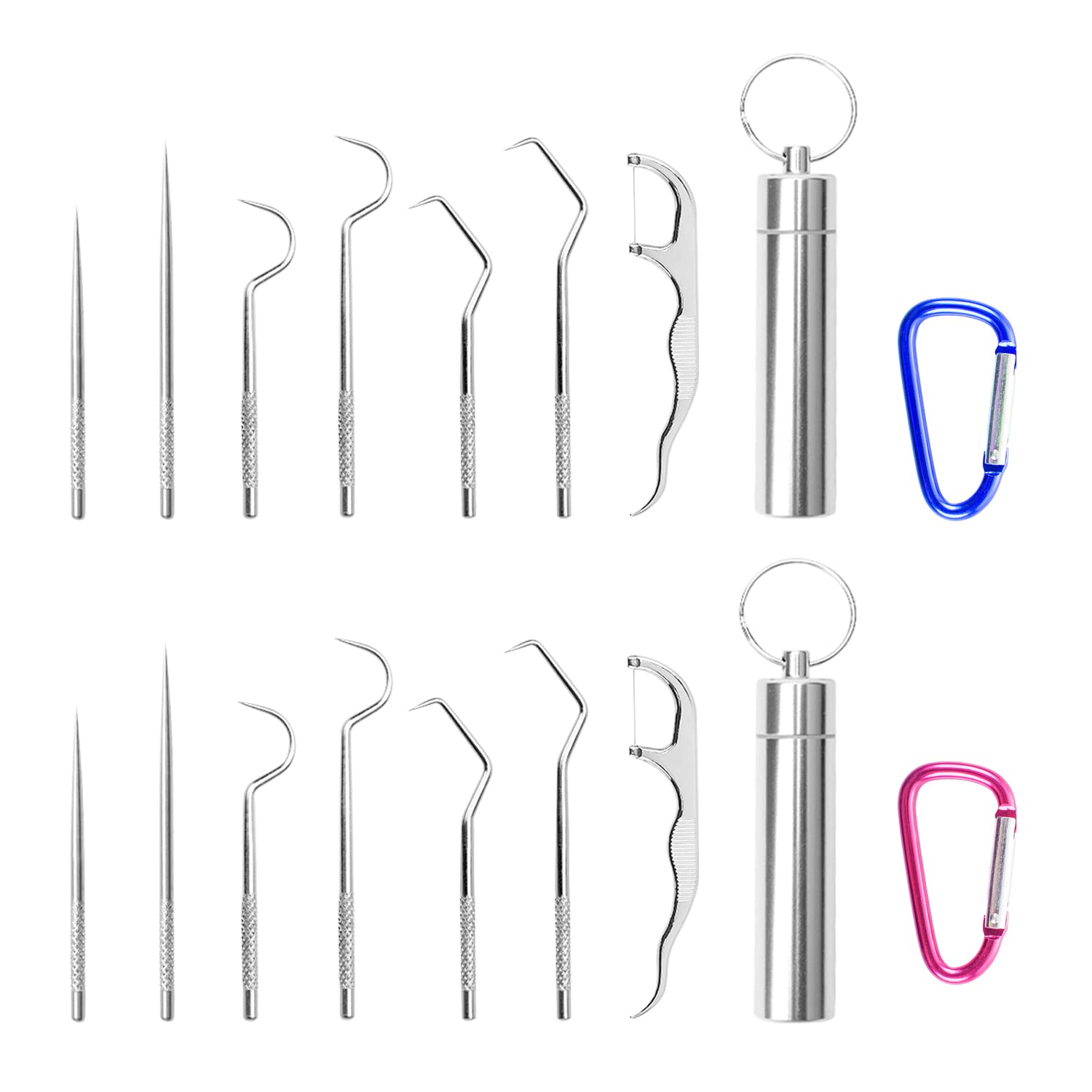 SIKAMARU14 Pcs Stainless Steel Toothpick Cartridge with 2 Piece Carabiner, Portable Toothpicks, Reusable, Teeth Cleaner, Dental Floss, Dental Care Kit, Suitable for Outdoor Picnic, Camping
