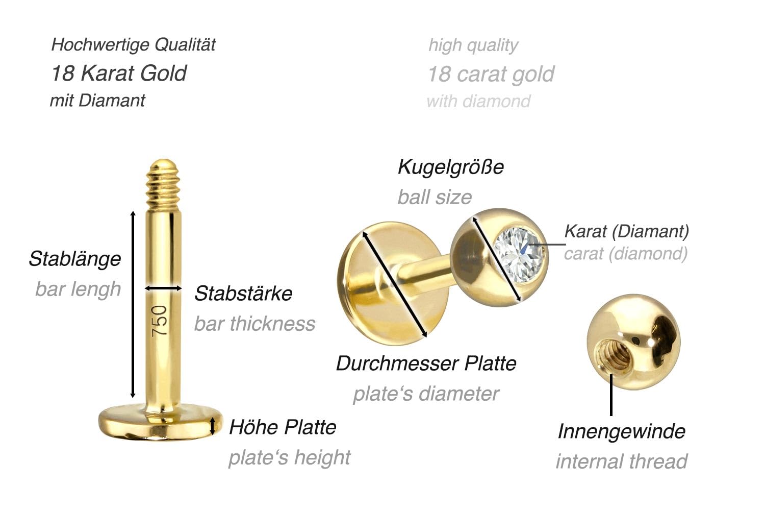 PIERCINGLINE 18 Karat Gold Labret KUGEL + DIAMANT 0,025 kt. Piercing Stecker Ohr Größenauswahl